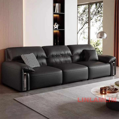 Modern Convertible Genuine Leather Sofa Bed – Multi-functional Electric Sleeper Couch with Adjustable Seats & Wide Chaise Lounge