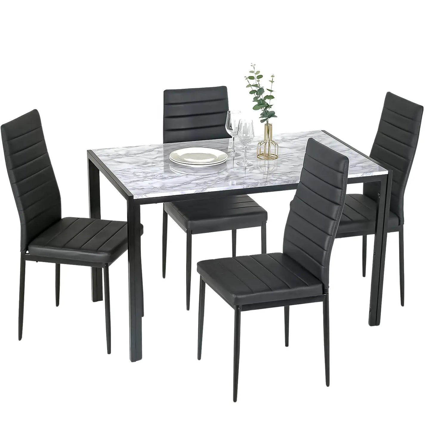 Dining Room Table Set 5-Piece Kitchen with 4 Faux Leather Metal Frame Chairs Rectangular Modern for Small Spaces w/Glass Tableto