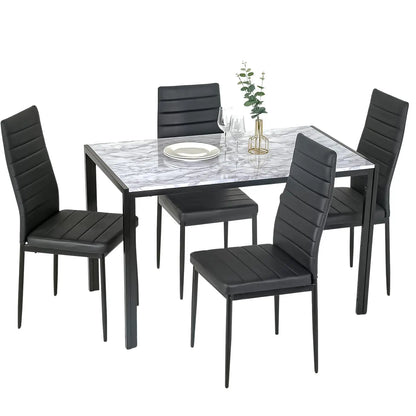 Dining Room Table Set 5-Piece Kitchen with 4 Faux Leather Metal Frame Chairs Rectangular Modern for Small Spaces w/Glass Tableto