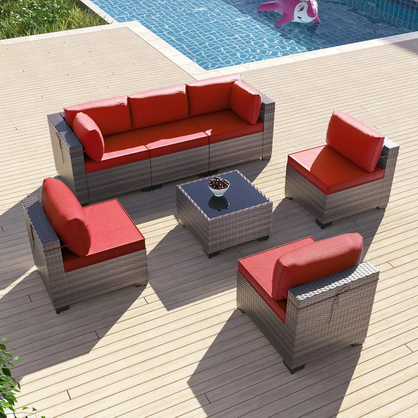 7 Pieces Outdoor Patio Furniture Sets,Wicker Conversation Set Sectional Sofa,Includes 6 All-Weather High Back PE, Customized