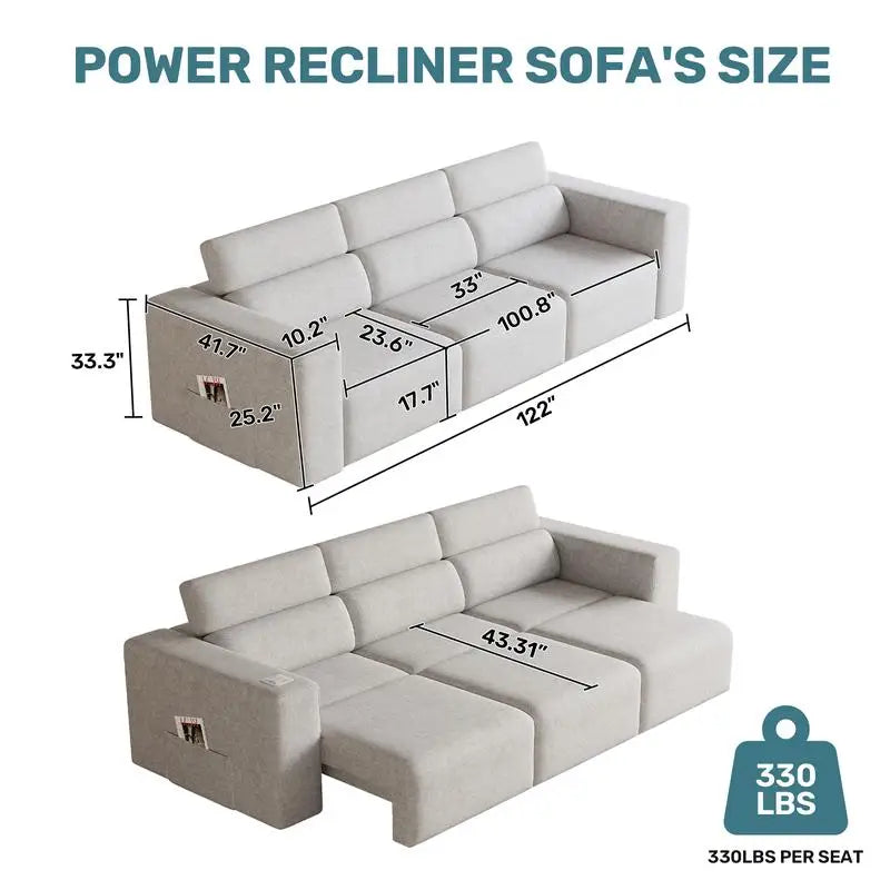 Electric 3-Seat Power Reclining Sofa With Bluetooth Stereo Wireless Charging, Side Pocket Modular Couch Schlafsofa Couch Hotel