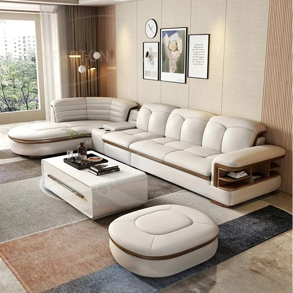 Leather Sectional Sofa Sets with USB, Bluetooth Speaker - Living Room