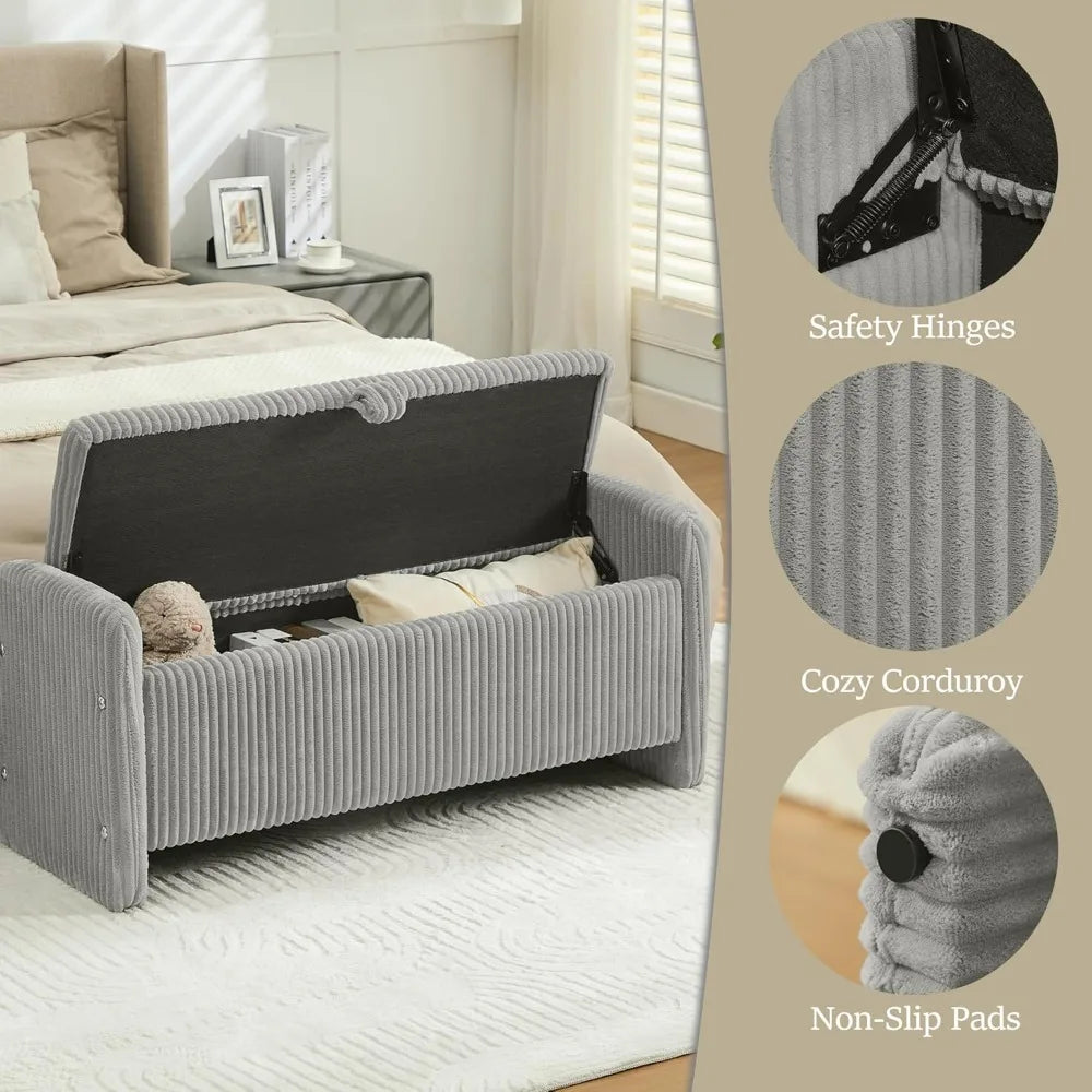 44'' Corduroy Storage Ottoman Bench, Upholstered End of Bed Storage Bench with Safety Hinge, Linear Bed Bench for Bedroom