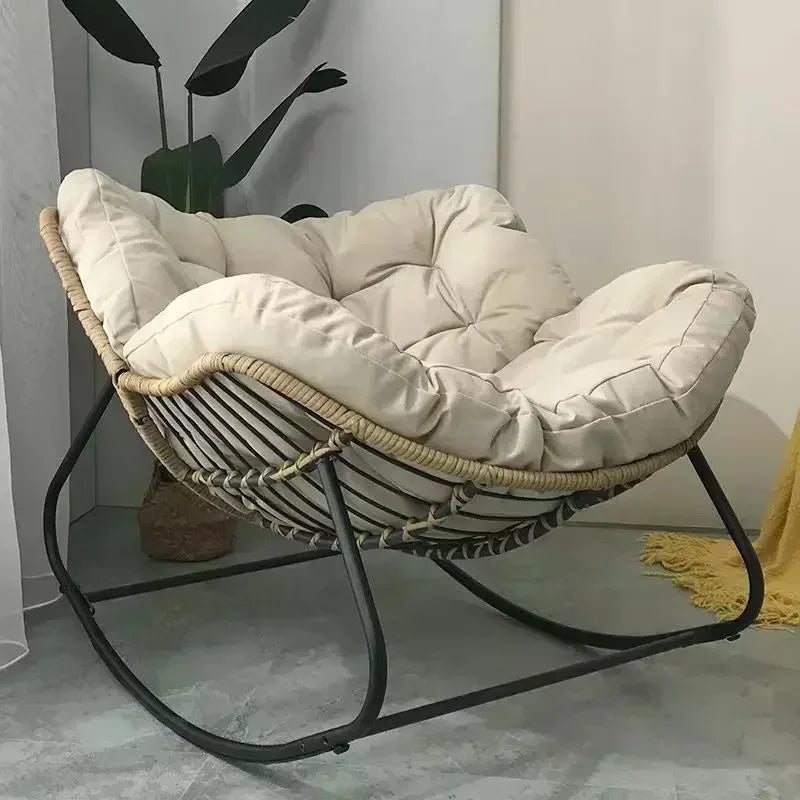 Light Luxury Outdoor Rattan Rocking Chair, Comfortable Backrest Cushion, Metal Frame, Garden Balcony Single Leisure Chair