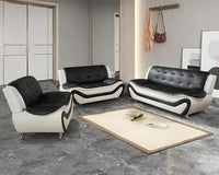 Contemporary Vegan Leather Sofa Living Room Furniture Set 3 PCS Black/White Ergonomic Design Breathable Faux Leather Upholstery