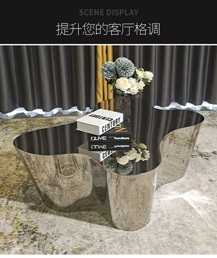 Light luxury stainless steel special-shaped coffee table high-end mirror business negotiation coffee table art