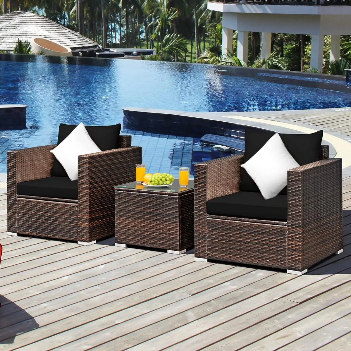 3 Pieces Patio Furniture Set, Outdoor Conversation Rattan Furniture Set w/Washable Cushion and Tempered Glass Tabletop, PE Ratta