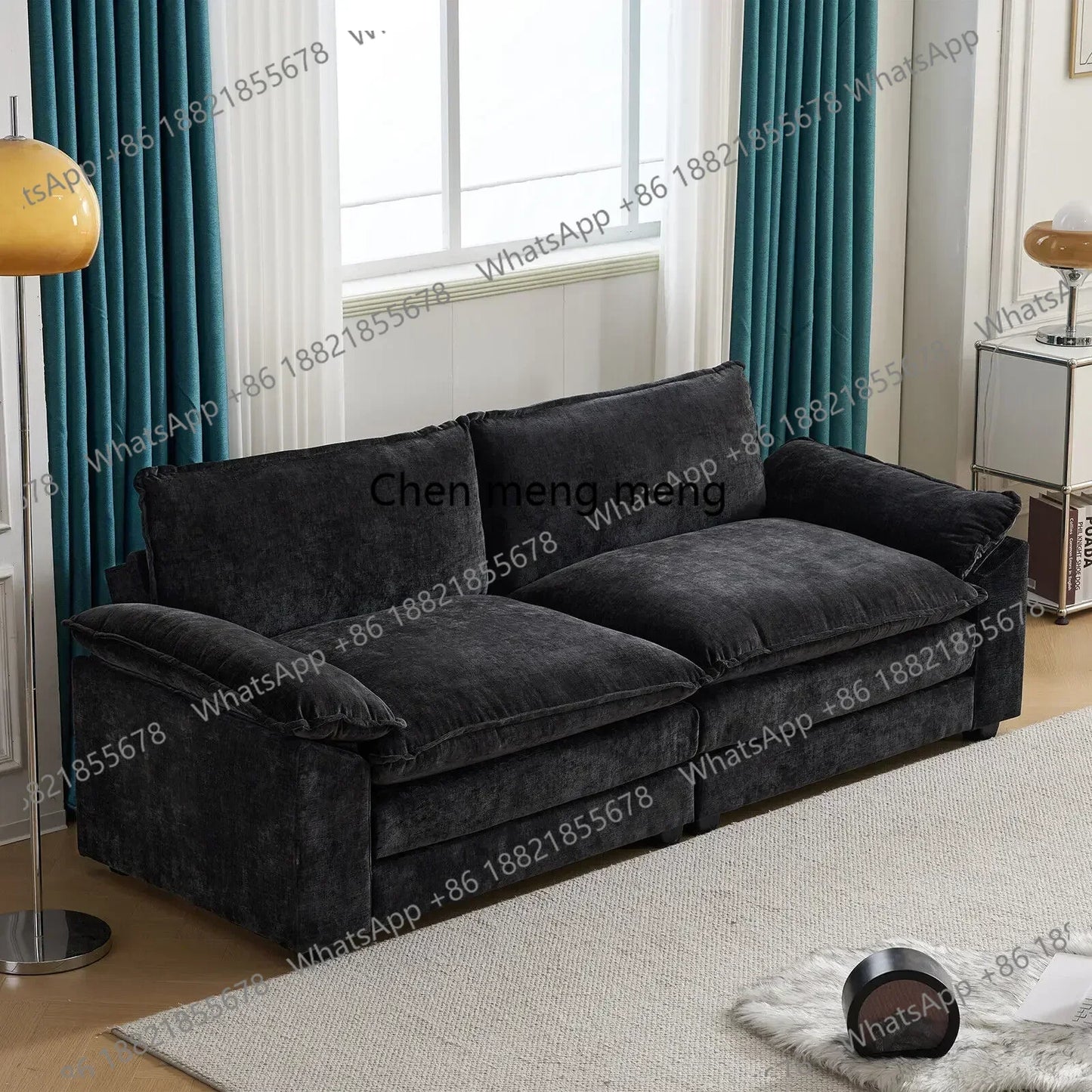 H Living Room Sofas Chenille Puffs Two-Seater Sofa With Footstool Sofa Double Bag Indoor Double Black Home Furniture