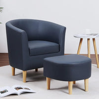 Leather Chair, Accent Chair Mid Century Modern with Ottoman Faux Barrel Comfy Armchair Upholstered Club Tub Round Arms for Livin