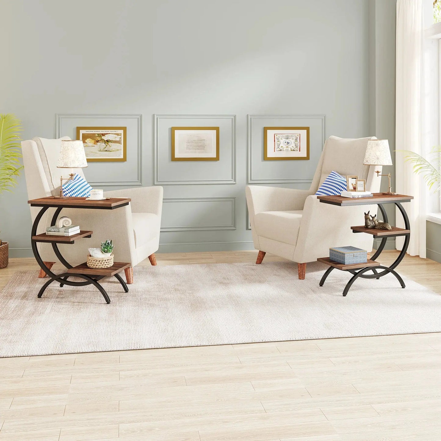 Tribesigns C-Shaped End Table, Industrial 3-Tier Small Table for Couch, Wood Bedside Table Snack Table with Storage Shelves