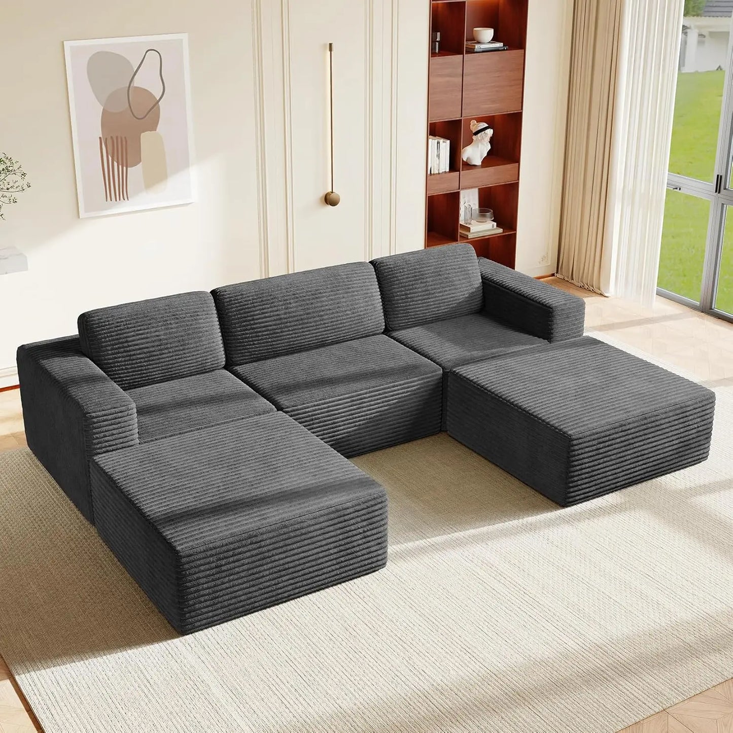 97" L-Shape Modular Sofa, 3-Seat Corduroy Couch with Movable Ottoman, Sectional Sofa for Living Room, Green, Customized