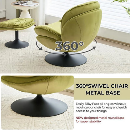 Velvet Swivel Armchair Set with Ottoman for Living Room - Modern Tufted Accent Chairs with 360° Swivel & Footrest - Comfy Chais