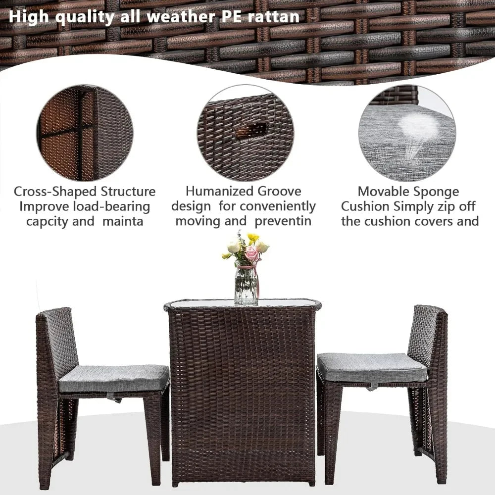 Outdoor Table, 3 PCS Wicker Outdoor Patio Set, with Glass Top Table Dining Chairs, Tables and Chairs Set of 2