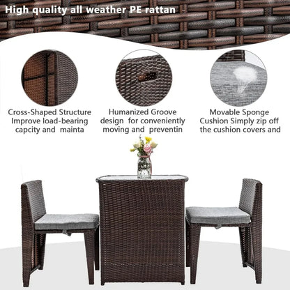 Outdoor Table, 3 PCS Wicker Outdoor Patio Set, with Glass Top Table Dining Chairs, Tables and Chairs Set of 2