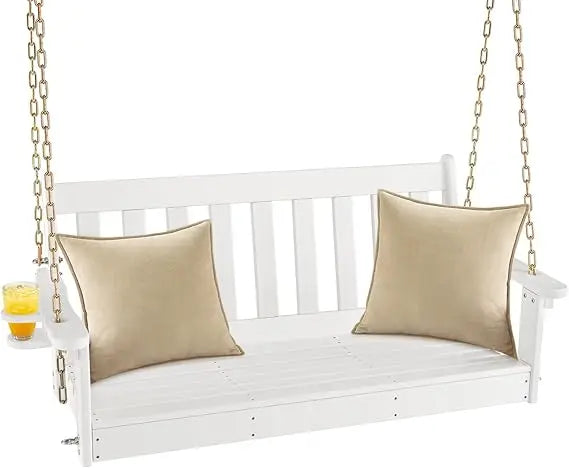 2 Person Hanging Porch Swing, Outdoor Bench Swing with Adjustable Chains, Hidden Cup Holder, HDPE Tree Swing Chair