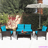 outdoor wicker patio furniture set: 4-piece conversation sectional sofa with coffee table and cushions