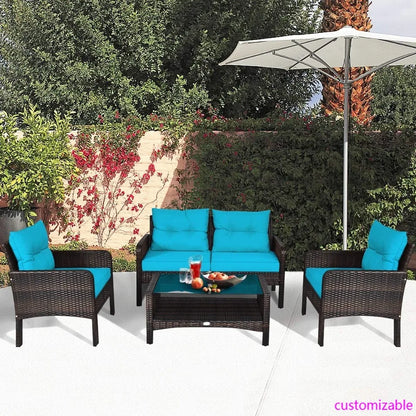 outdoor wicker patio furniture set: 4-piece conversation sectional sofa with coffee table and cushions