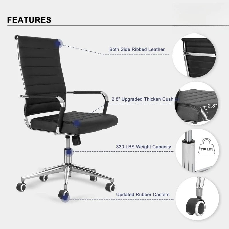Black Conference Room Chairs, Modern Ergonomic PU Leather Office Desk Chair Ribbed for Office, High Back Executive Swive