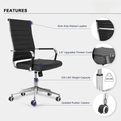 Black Conference Room Chairs, Modern Ergonomic PU Leather Office Desk Chair Ribbed for Office, High Back Executive Swive