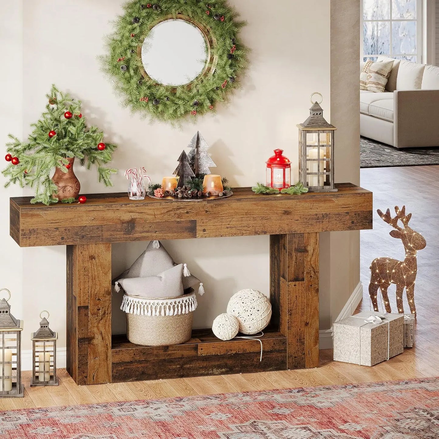 Rustic 2-Tier 63 Console Table with Storage for Entryway, Living Room, and Hallway in Brown & Gray