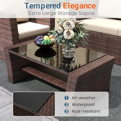 4 Piece Patio Furniture Set, Wicker Outdoor Patios Conversation Furniture Set, Outdoor Patio Sofa with Cushion and Glass Table