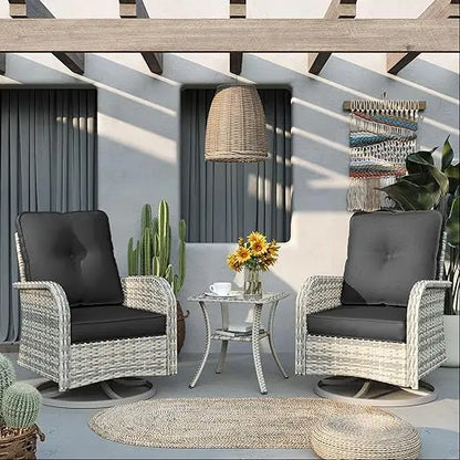Outdoor Wicker Swivel Rocking Chair Patio Furniture Set with Tempered Glass Table for Garden Bistro