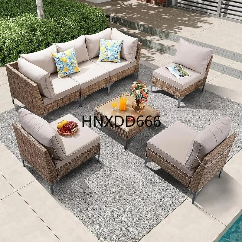 yss 7-Piece Outdoor Rattan Wicker Sofa Set, Sectional Patio Conversation Furniture with Thick Cushions for Garden,