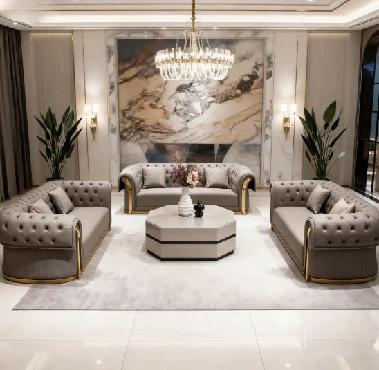 3-Seat Modern Chesterfield Sofa Set Curved Design Gold Decorated Napa Leather Sofa Apartment Living Room Furniture