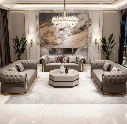 3-Seat Modern Chesterfield Sofa Set Curved Design Gold Decorated Napa Leather Sofa Apartment Living Room Furniture