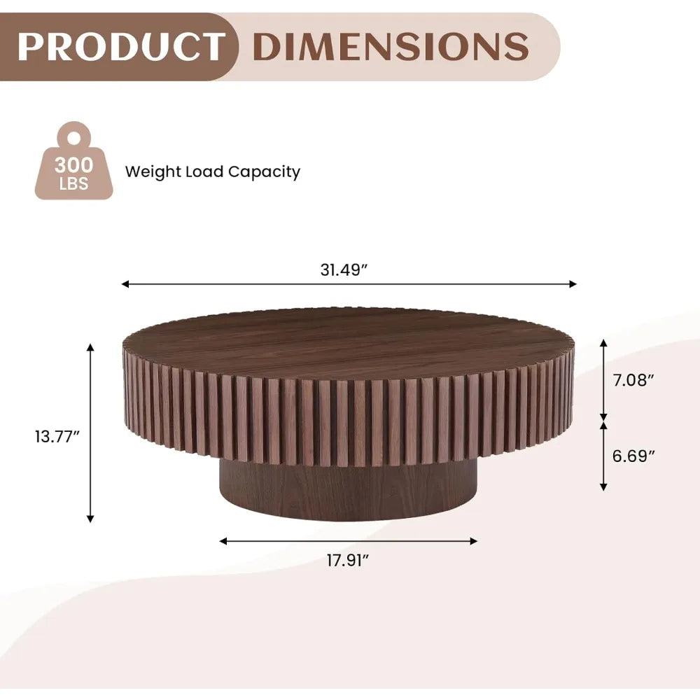 Round Modern Fluted Walnut Coffee Table, Unique Tea Table, Contemporary Drum Circle Accent Center Table for Living Room