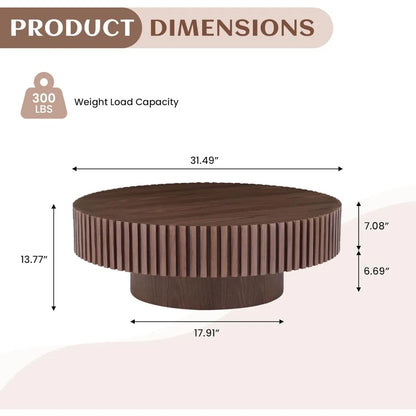Round Modern Fluted Walnut Coffee Table, Unique Tea Table, Contemporary Drum Circle Accent Center Table for Living Room