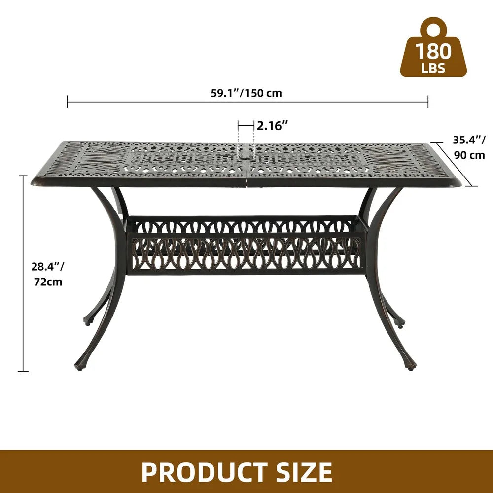 59'' Cast Aluminum Outdoor Patio Dining Table for 6-8 Person with Umbrella Hole