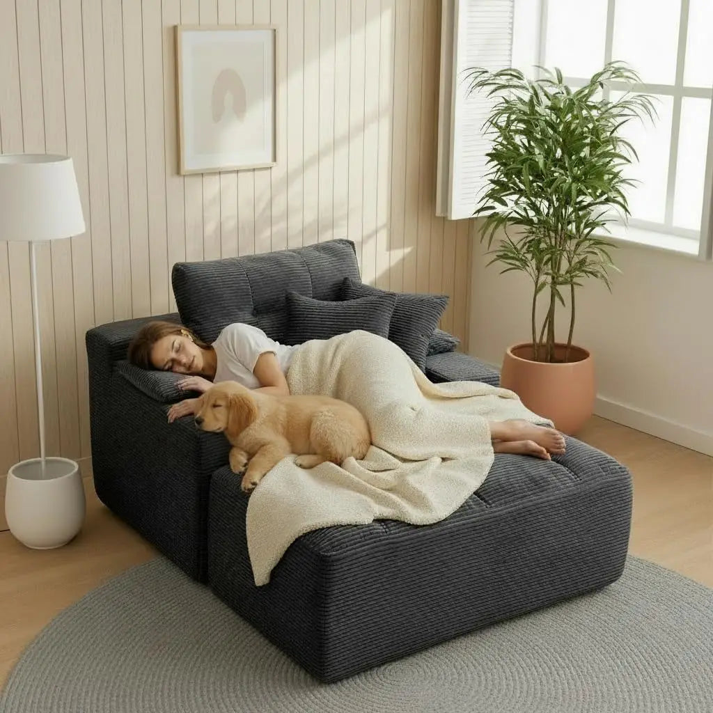 50" Oversized Boneless Chaise Lounge Chair Indoor, Plush Faux Fur Cloud Sofa Couch with Pillows, No Assembly Deep, Customized