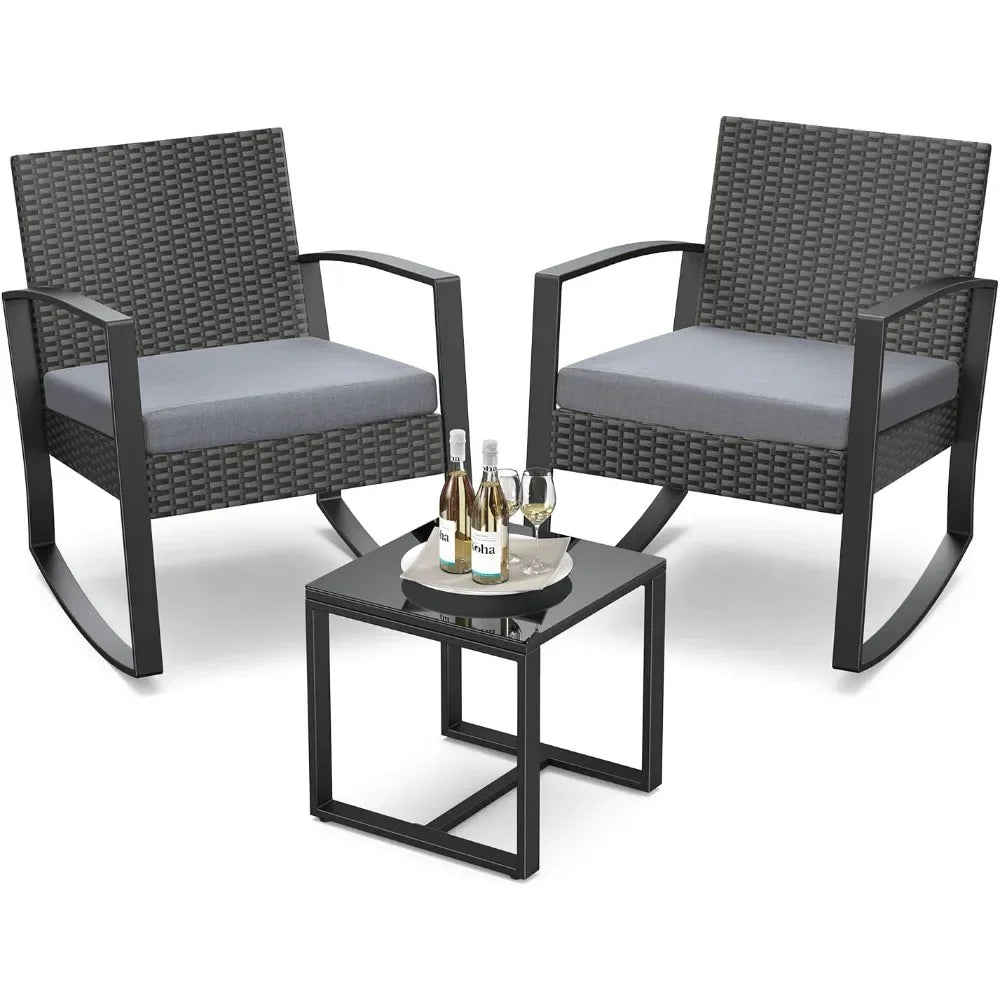 %a Patio Furniture Set Rocking Bistro Set Outdoor Rattan Conversation with Coffee Table for Garden Balcony Backyard