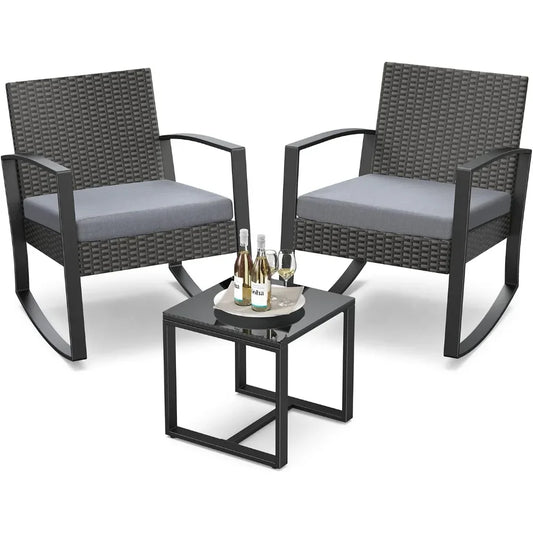 %a Patio Furniture Set Rocking Bistro Set Outdoor Rattan Conversation with Coffee Table for Garden Balcony Backyard