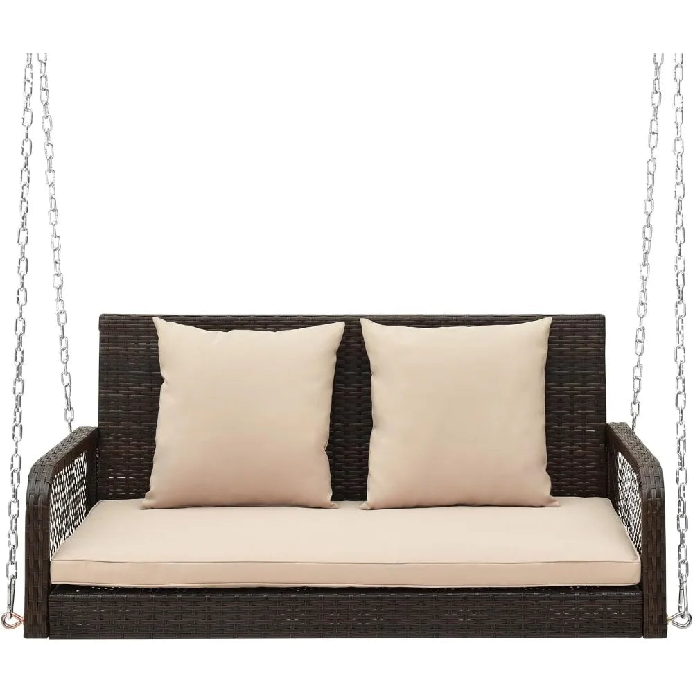 Porch Swing Outdoor 2-Person Hanging Bench Chair with Seat & Back Cushions, Heavy-Duty Metal Structure & 2 Hanging Ch
