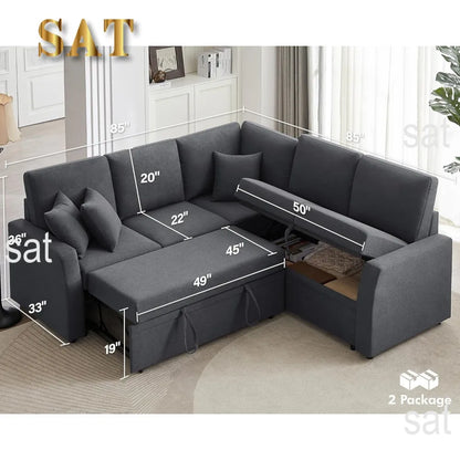 Sofa Bed, 85 Inch Reversible L Shape Couch with Pull Out Bed & Storage Seat,