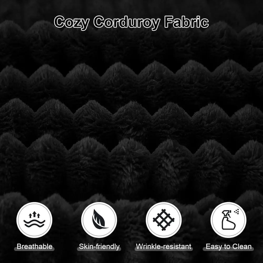 Oversized Chaise Sofa with Cup Holders, Comfortable Corduroy Cloud Couch for Living Room, Easy Assembly, Black