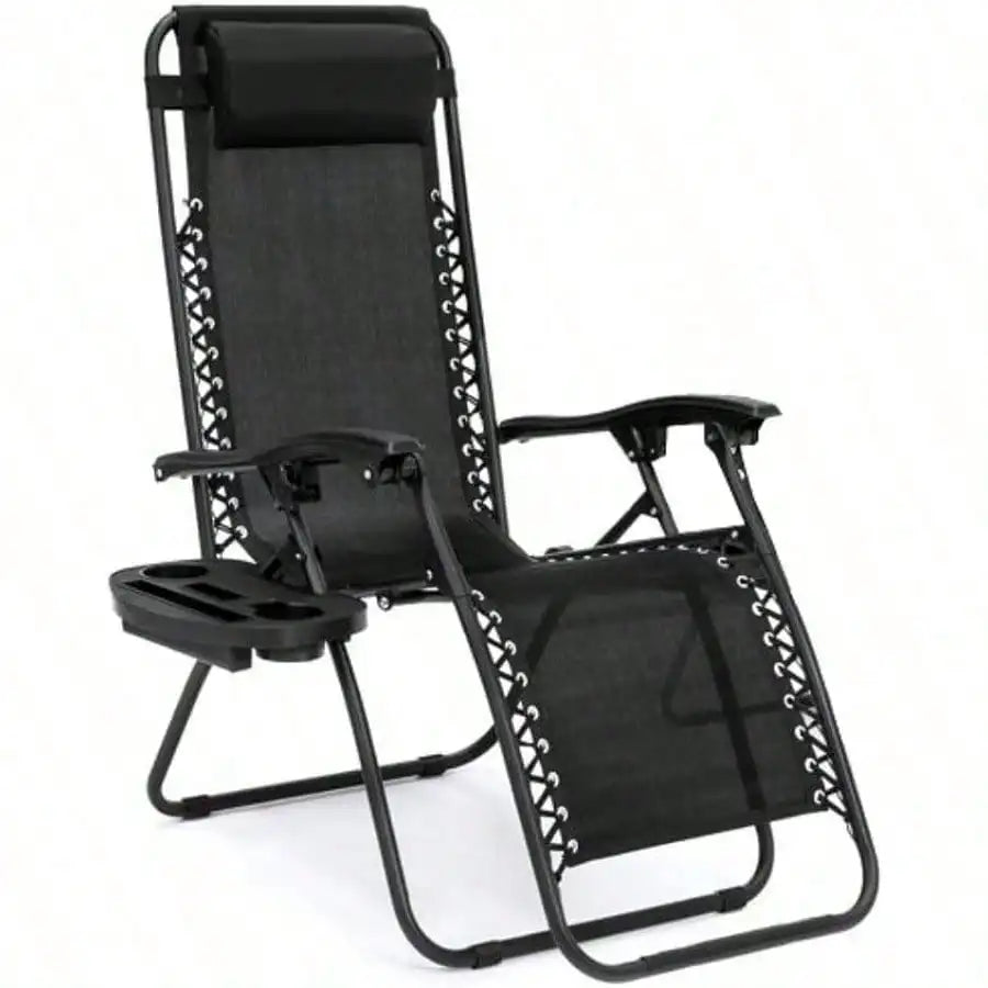 Chair Zero Gravity Lounge Chairs Outdoor Adjustable Reclining Steel Mesh Folding Recliner For Pool Beach With Pillows, Cup Tray