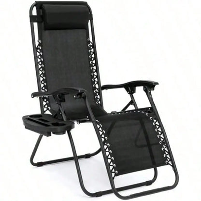 Chair Zero Gravity Lounge Chairs Outdoor Adjustable Reclining Steel Mesh Folding Recliner For Pool Beach With Pillows, Cup Tray