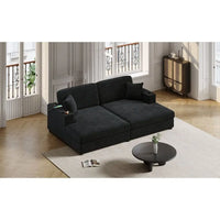 86.5\" Oversized Loveseat Corduroy Chaise Lounge Sectional Sleeper Sofa Two USB Ports Two Cup Holders Two Throw Pillows Black