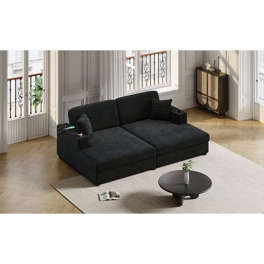 86.5\" Oversized Loveseat Corduroy Chaise Lounge Sectional Sleeper Sofa Two USB Ports Two Cup Holders Two Throw Pillows Black