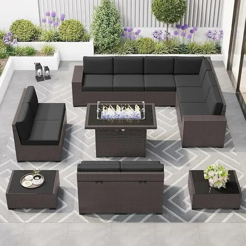 PatioLix 8 Piece Patio Furniture with 44"Propane Gas Fire Pit Table. Outdoor Sectional Conversation Set Wicker Rattan Sofa