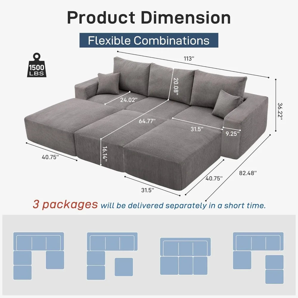Modern Sectional Sleeper Sofa Bed 3-Seater Grey Lounge Couch Corduroy Convertible Sponge Compression Modular Sofas Chaise Home