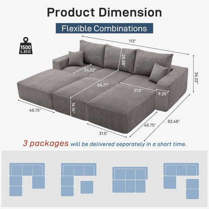 Modern Sectional Sleeper Sofa Bed 3-Seater Grey Lounge Couch Corduroy Convertible Sponge Compression Modular Sofas Chaise Home