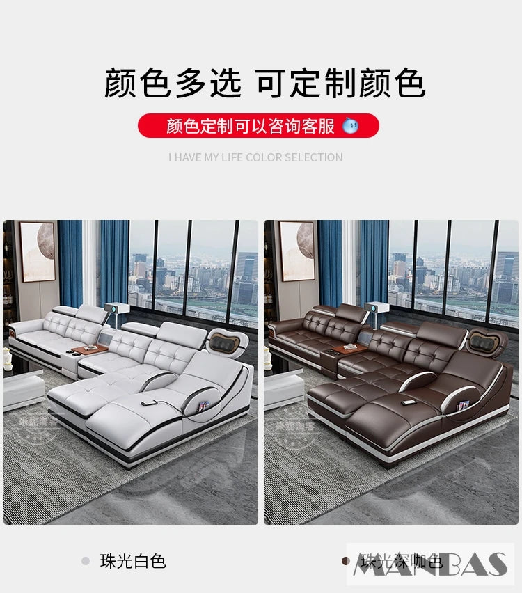 Linlamlim Luxury Genuine Leather Sectional Sofa with Adjustable Headrests, Projector, Speaker and Storage for Living Room Couch