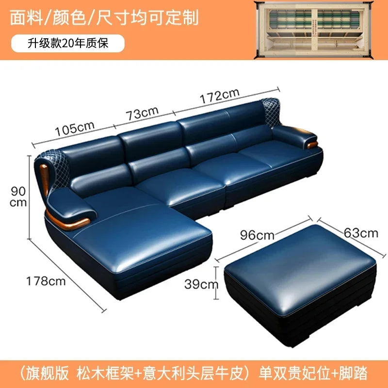 The first layer leather sofa high-grade villa solid wood high-end living room modern simple apartment blue Nordic style custom