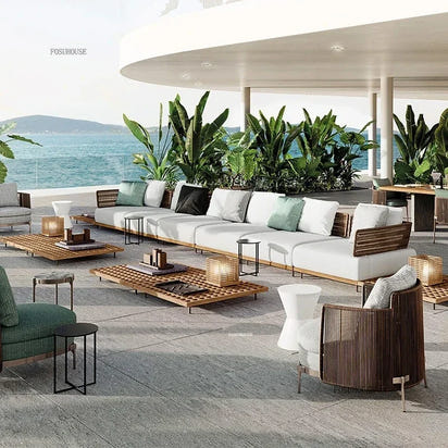 Solid Wood Rattan Sofa Home Leisure Patio Furniture B&B Villa Nordic Sofa Chair Combination Luxury Outdoor Garden Furniture Sets