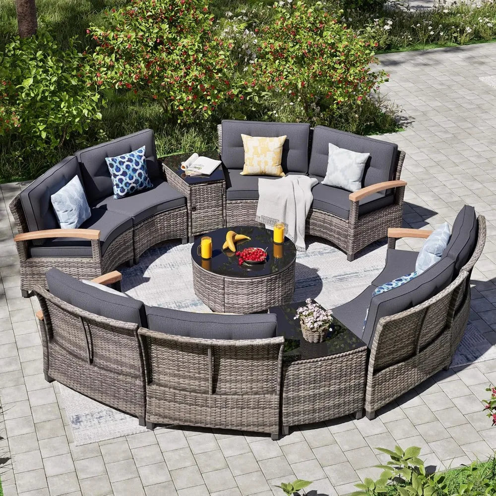 11 Piece Outdoor Patio Furniture Set, Half-Moon Curved Sectional Sofa Rattan Conversation Set with Wood Armrests, Co