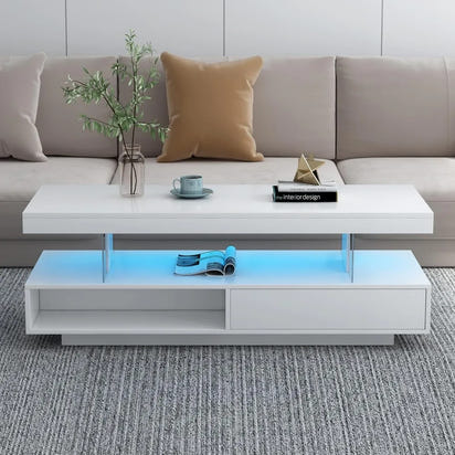 Modern LED Coffee Table with Storage, High Gloss Cocktail Center Table with Drawers